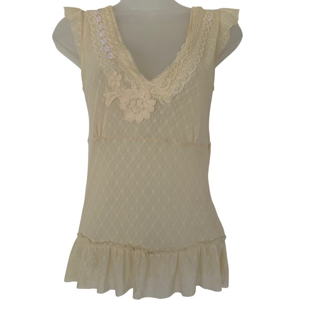 Rapsodia Y2K Mesh Lace Top Women Medium Ruffle Sleeveless Floral Coquette Boho‎